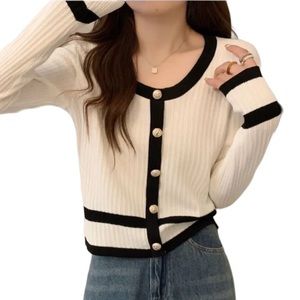 Commense Retro Contrast Scoop Neckline Ribbed Knit Top Relaxed Stretchy Sz Small